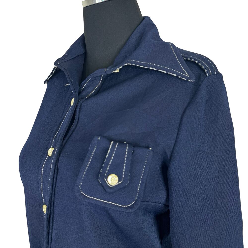 Vintage Jonathan Logan Navy Shirt Contrast Stitch Gingham Collar Mod 70s Western